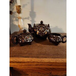 Vintage 1940s Japanese Redware Ceramic Tea Set With Floral Design